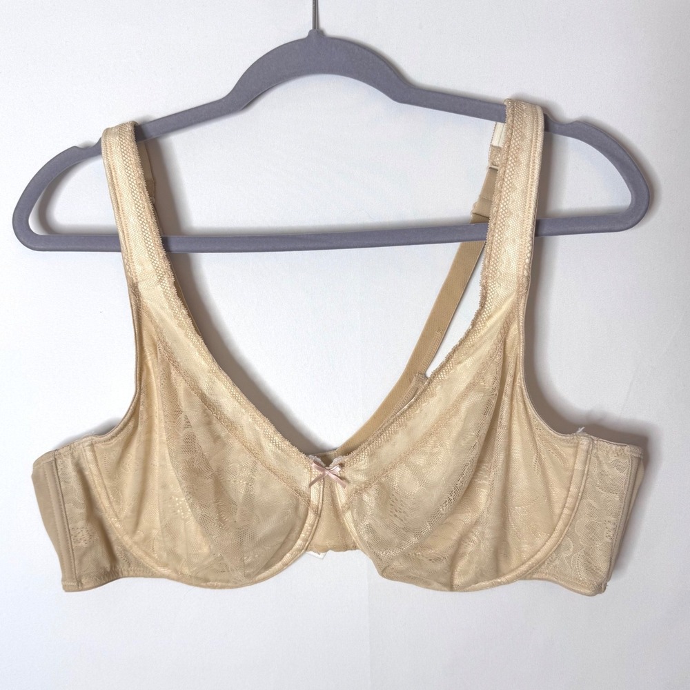 Cacique Underwire Bra 44C Modern Lace Unlined Full Coverage Coquette Beige Bow